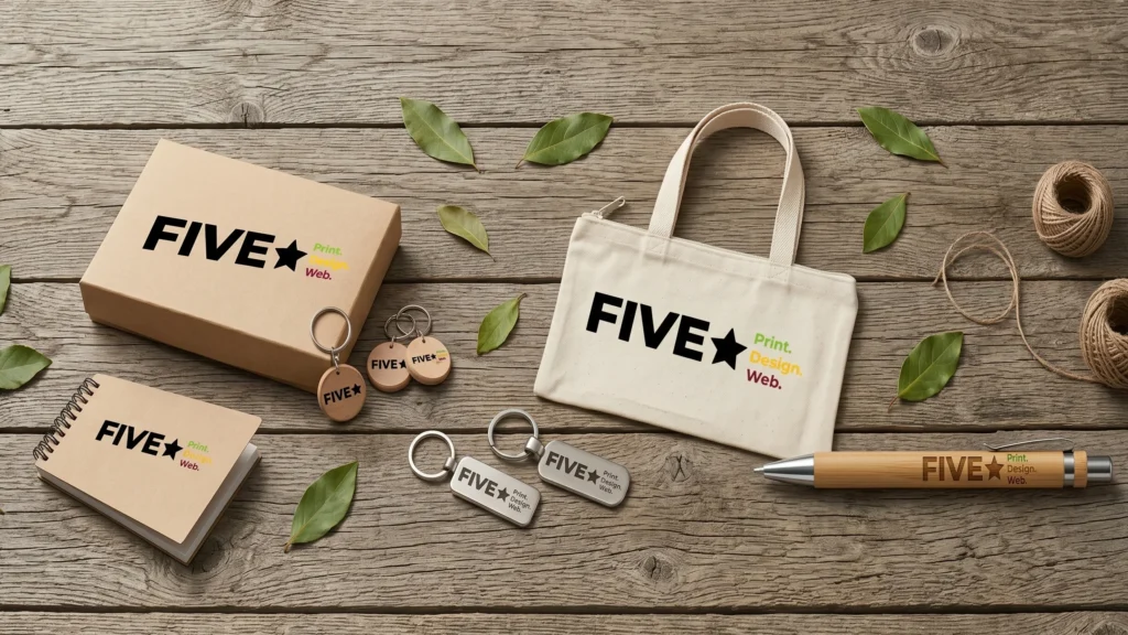 Assortment of customized eco-friendly business products and packaging in NZ by Fivestar Print