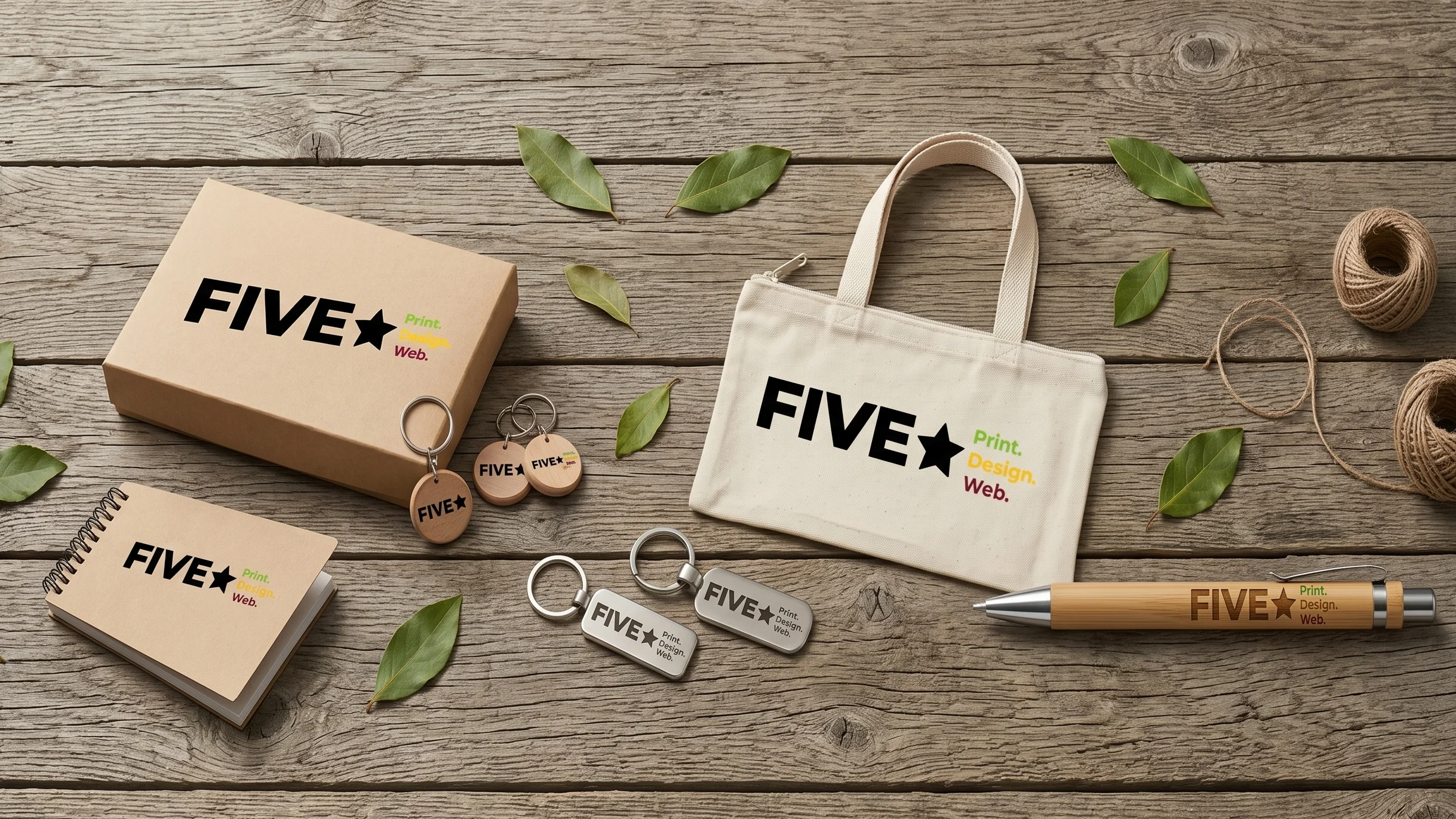 Assortment of customized eco-friendly business products and packaging in NZ by Fivestar Print